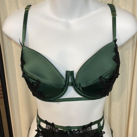 NWT- 3 PC SILKY GREEN LACE LINGERIE SET BRA, HIGH WAISTED G THONG & GARTER L/XL - Picture 2 of 13
